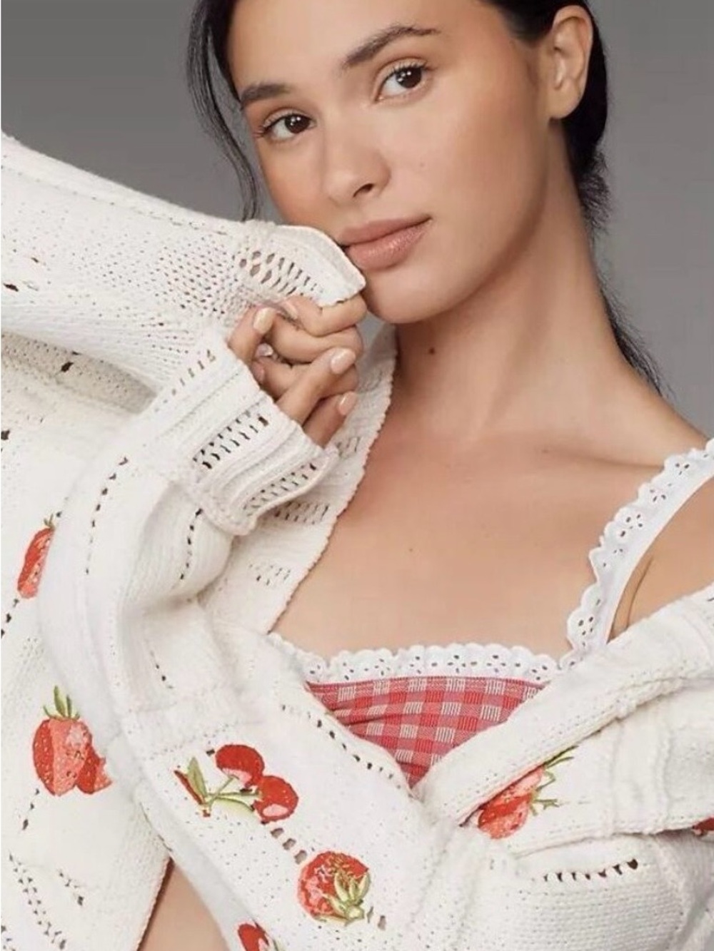 Anthropologie Maeve Cream Open-Knit Cardigan with Strawberry Embroidery - Picture 7 of 9